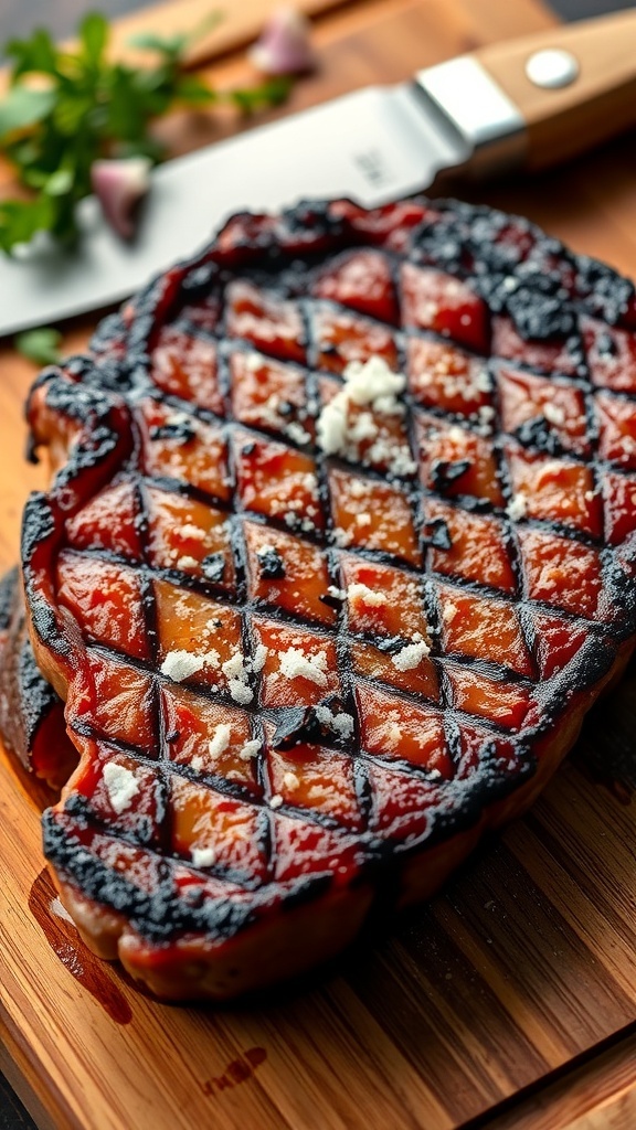 A grilled ribeye steak on a wooden board, seasoned with salt, showcasing grill marks and juicy texture.